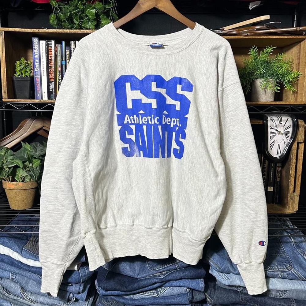 Vintage 90s Champion Reverse Weave Crewneck Mens XL Grey Blue Sweatshirt